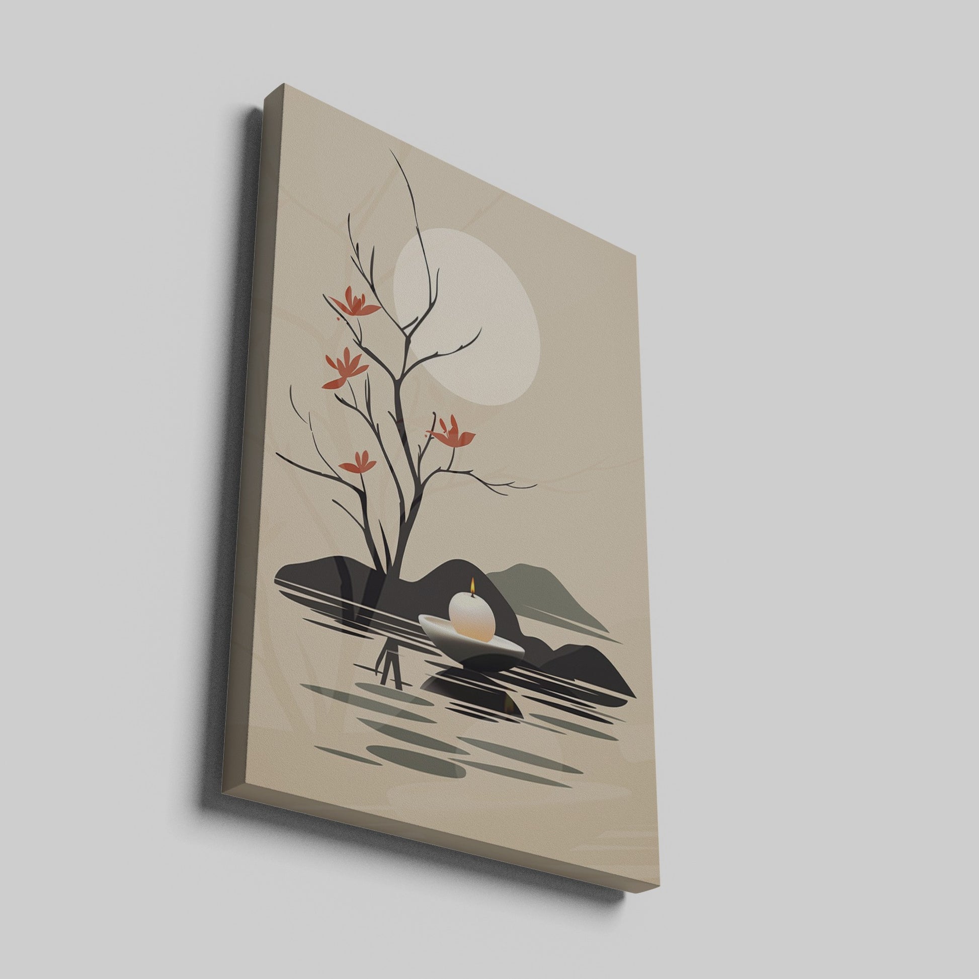 Framed canvas print of minimalist Zen style artwork with tree silhouette and candle