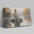 Framed canvas print of a serene Buddha in meditation with a reflective water landscape and autumnal trees