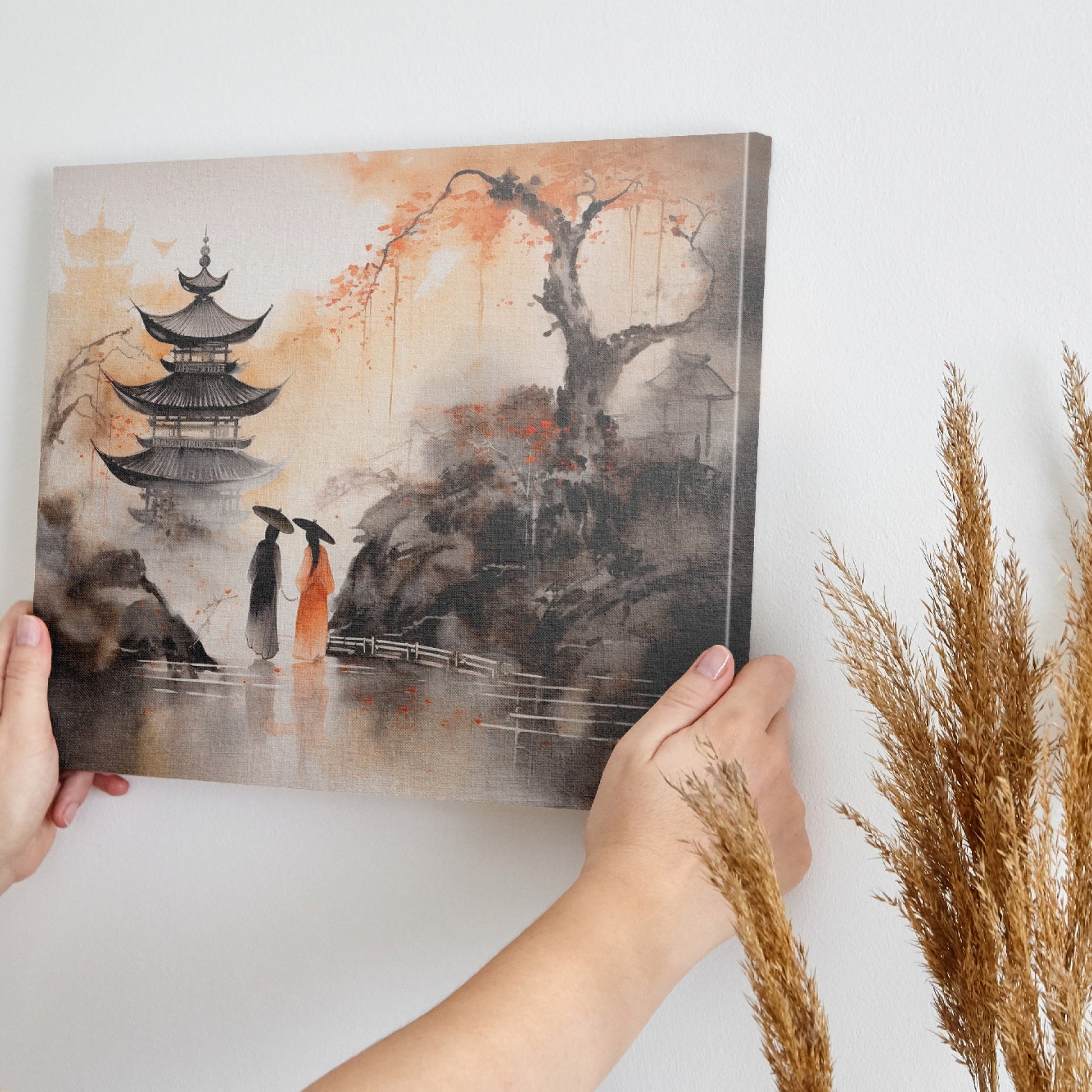 Framed canvas print of traditional Oriental scene with pagodas, cherry blossoms, and ink wash painting style