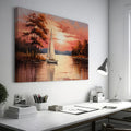 Impressionistic painting of a sailboat on a calm lake with orange and red sunset and tree silhouette reflections.