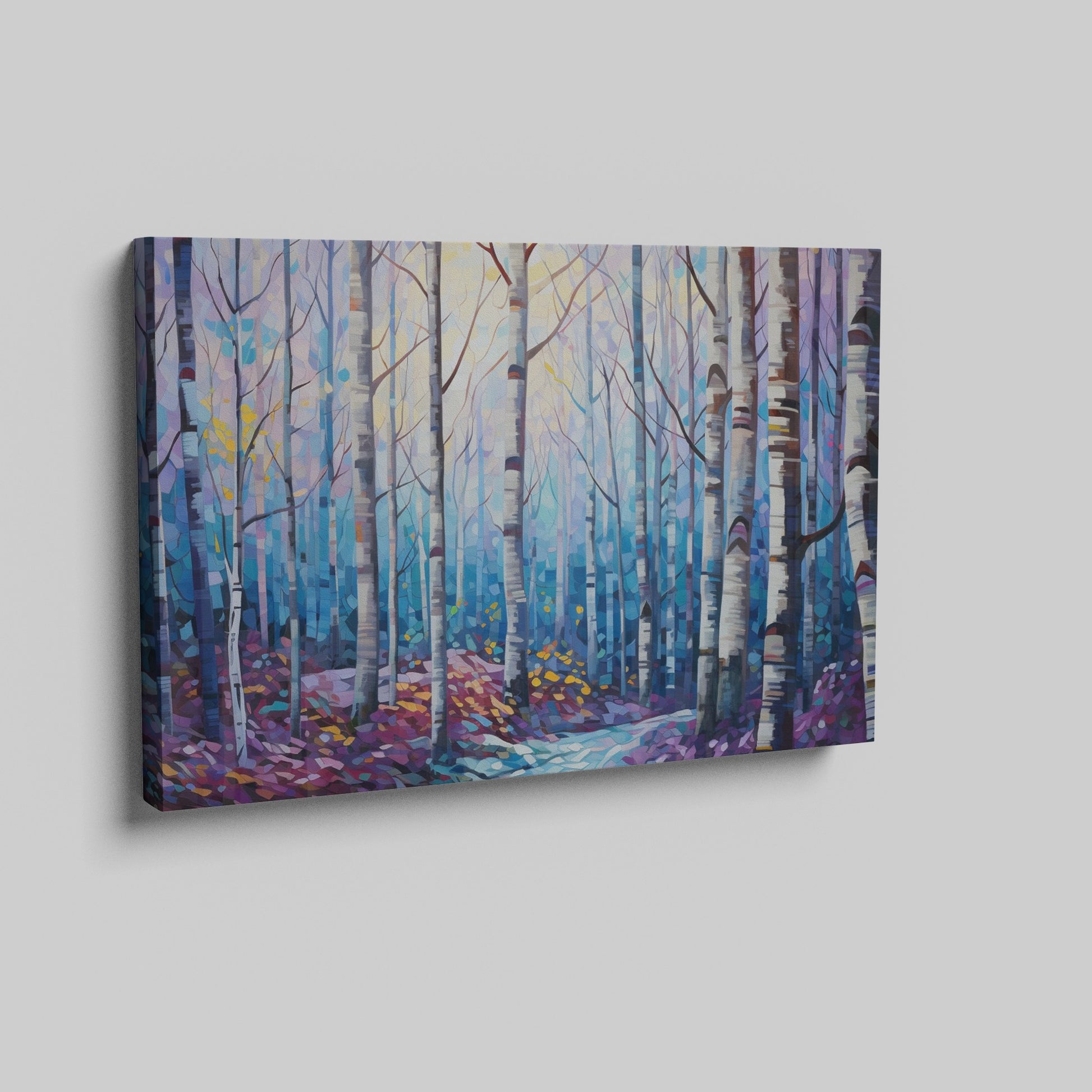 Framed canvas print of a stylised geometric birch forest in vibrant blue, purple, and yellow tones