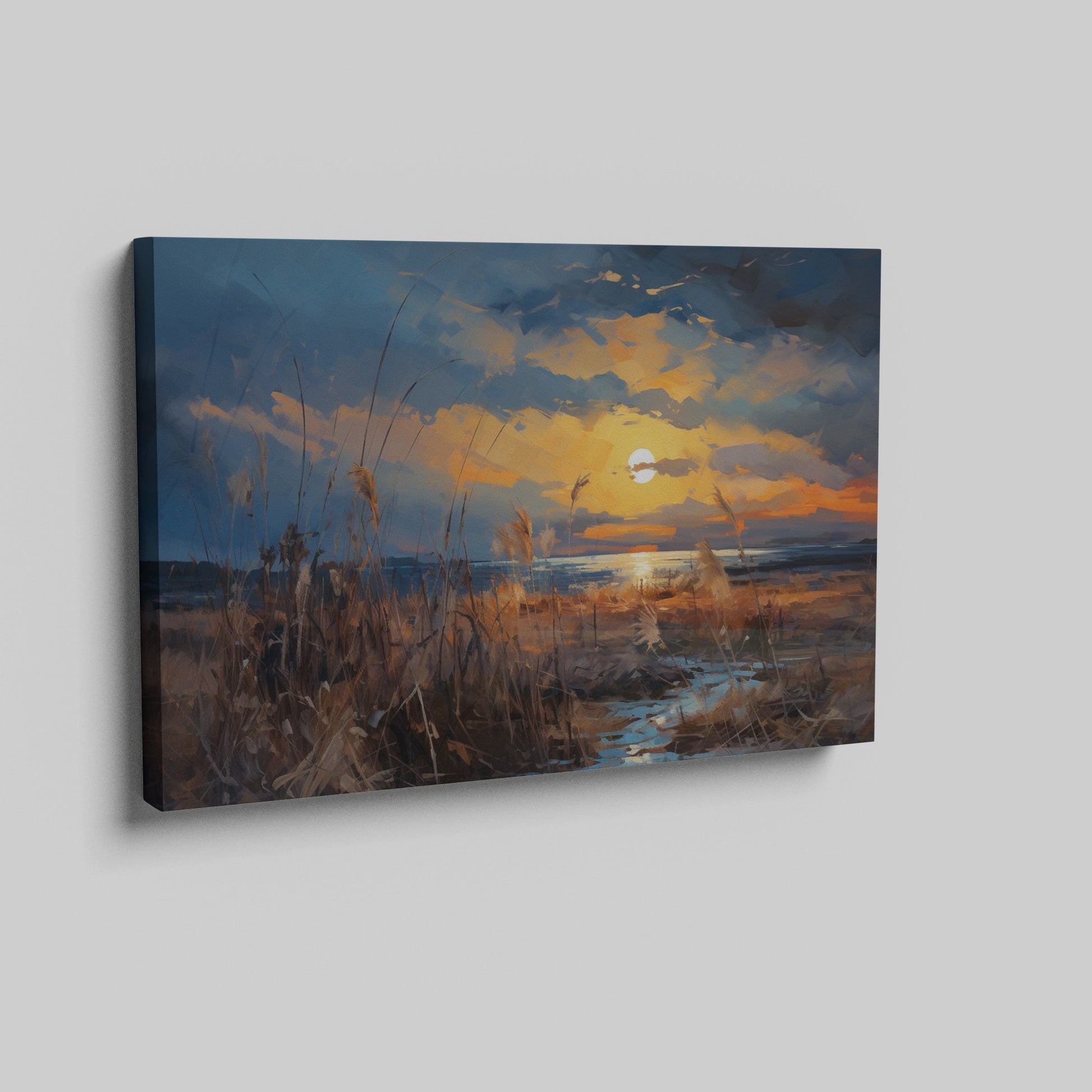 Framed canvas print of an impressionistic sunset over a coastal landscape with vibrant warm hues