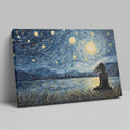 Framed canvas print of a Van Gogh-inspired starry night with a city silhouette and contemplative figure