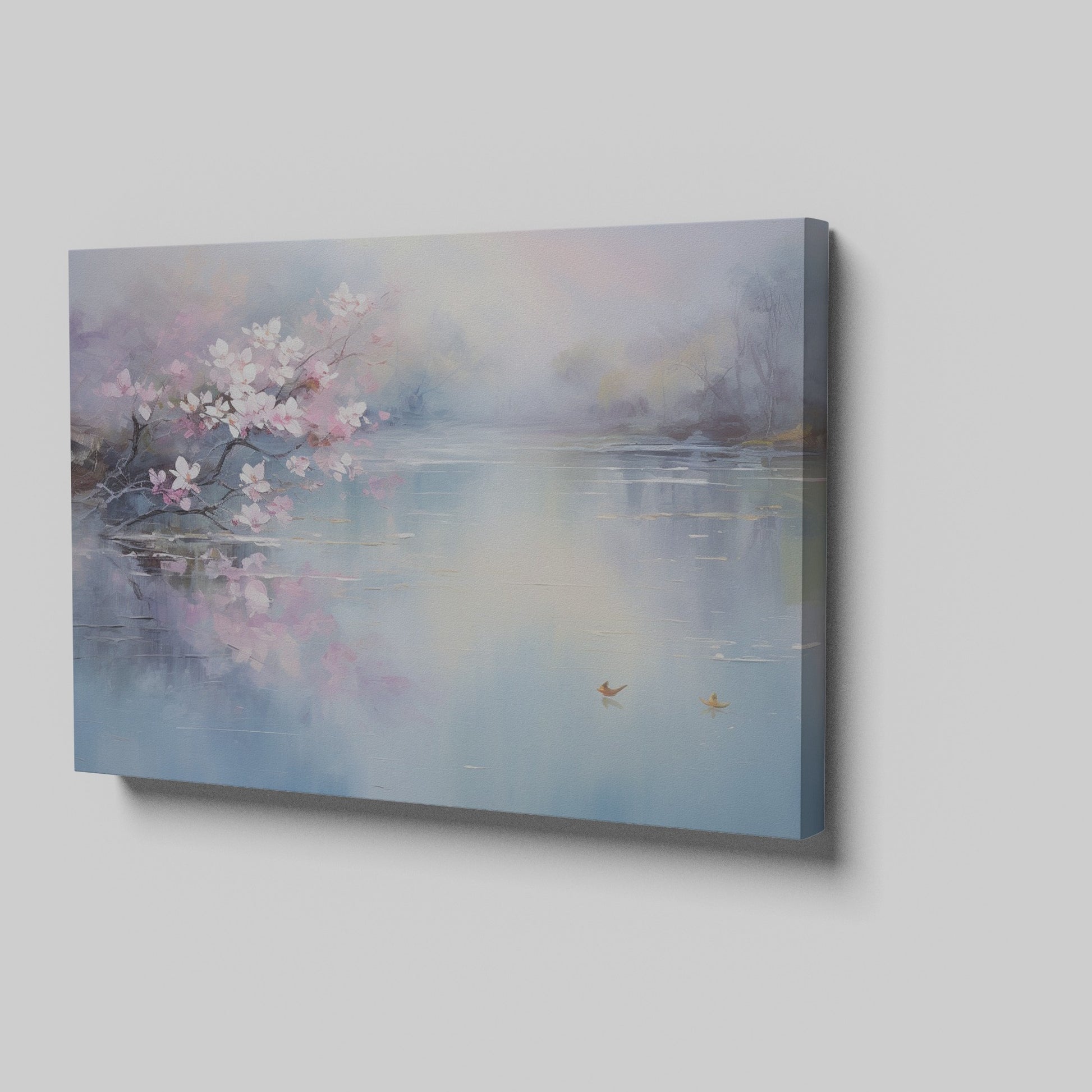 Framed canvas print of cherry blossoms over a tranquil lake with soft pastel colours and a pair of ducks