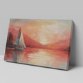 Framed canvas print of sailboats at sunset with orange and blue tones