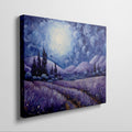 Framed canvas print of an impressionist-inspired landscape with lavender fields and swirling night sky