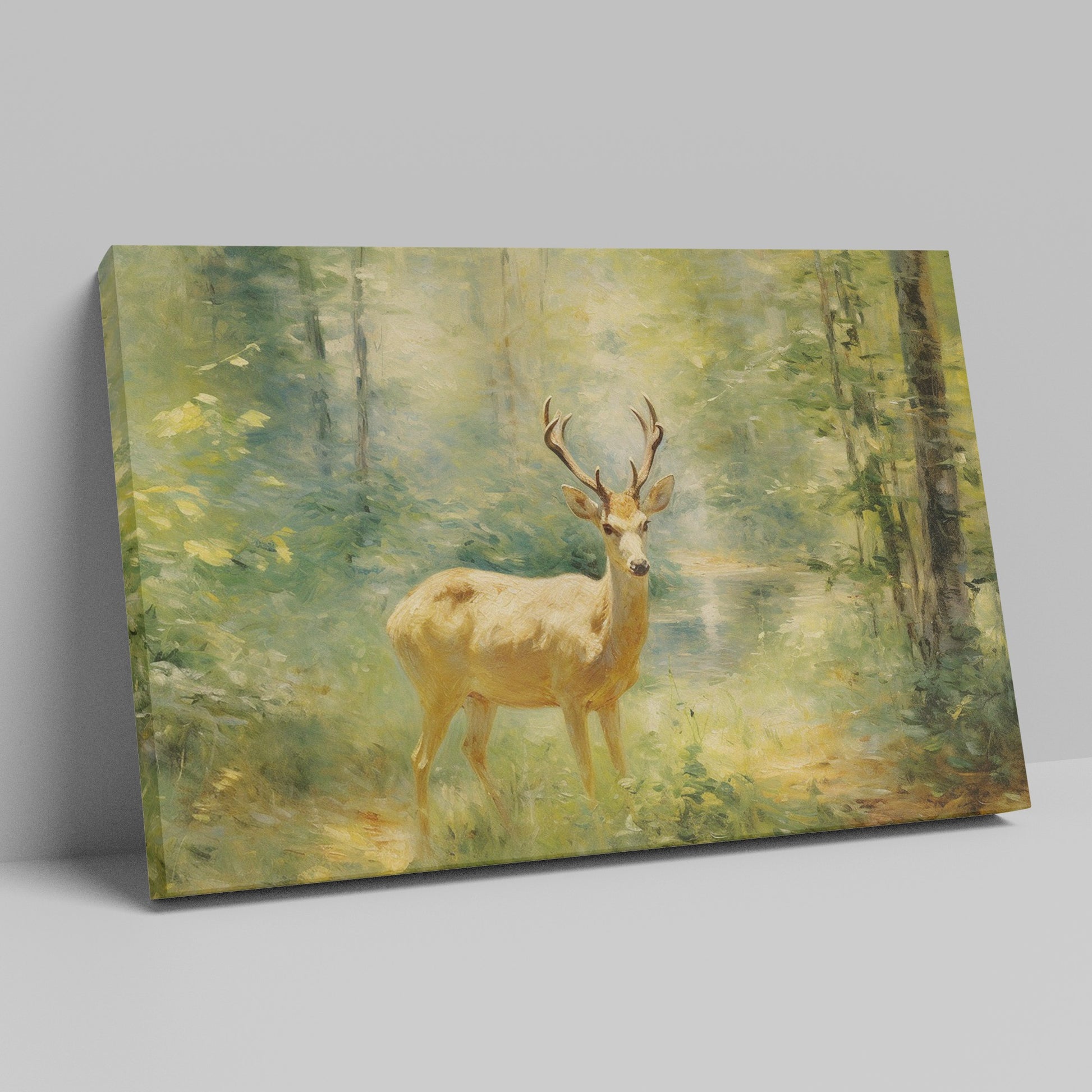 Framed canvas print of an Impressionist-style painting depicting a deer in a luminous, green forest