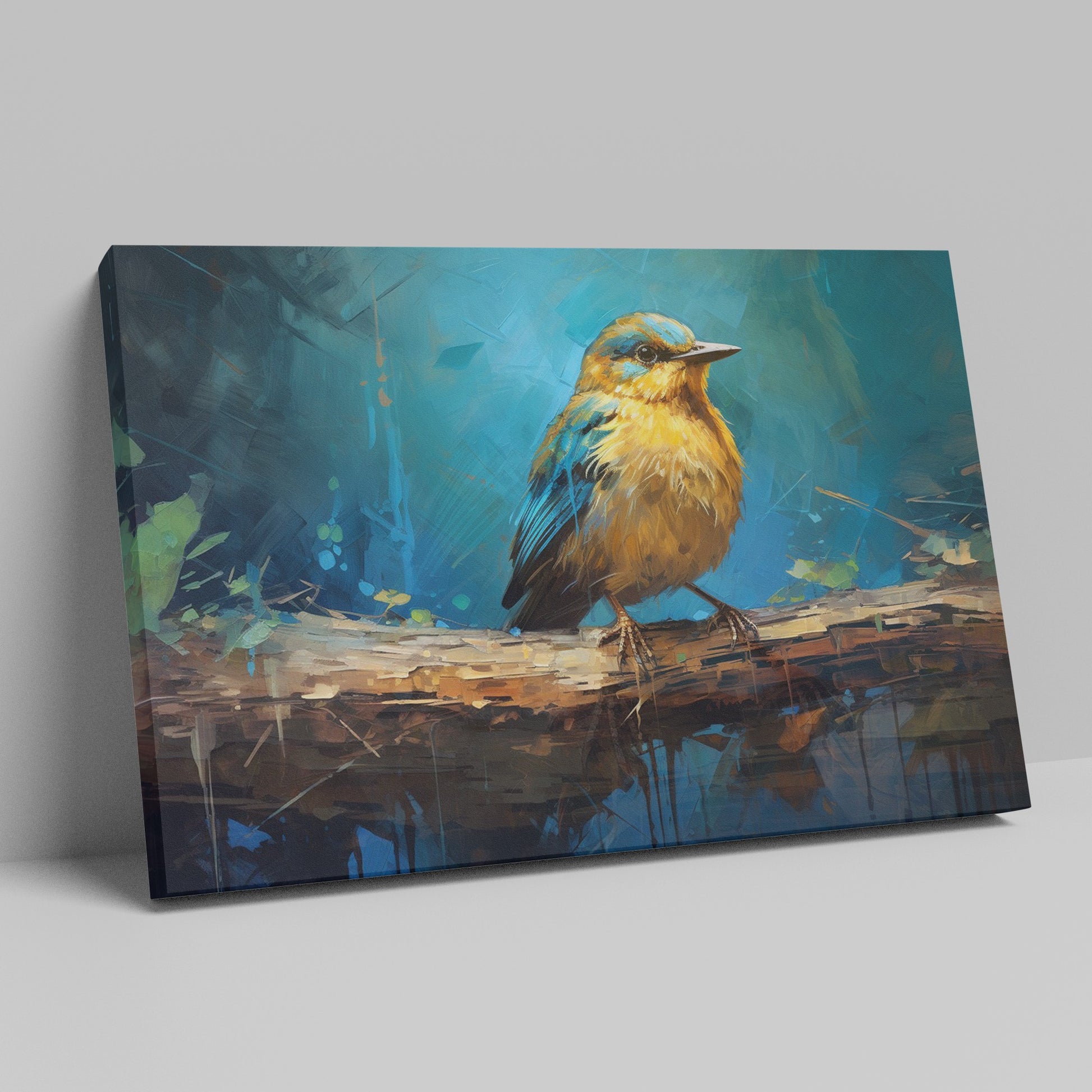 Framed canvas print of a vibrant blue and golden bird on branch with impasto texture