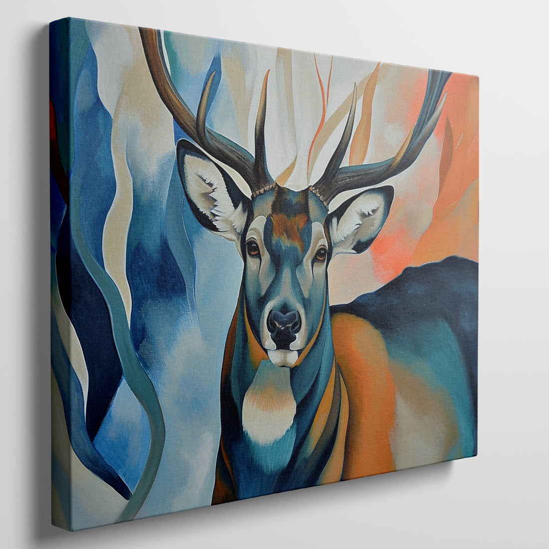 Framed canvas print of an abstract deer with vibrant colours