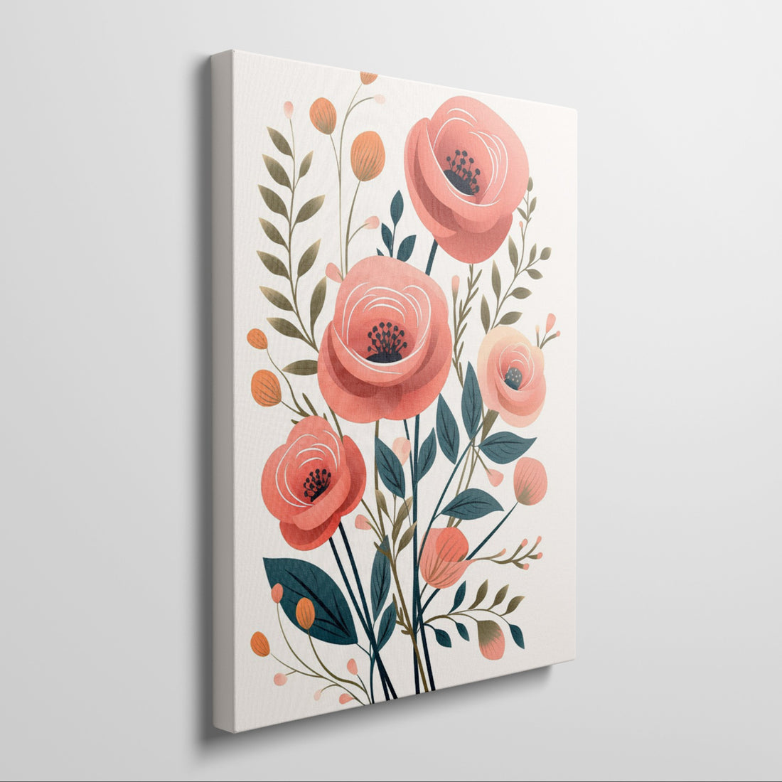 Framed canvas print of stylised red and peach blossoms with green foliage