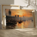 Framed canvas print of a sunset over the River Thames with London skyline and boats in impressionist style