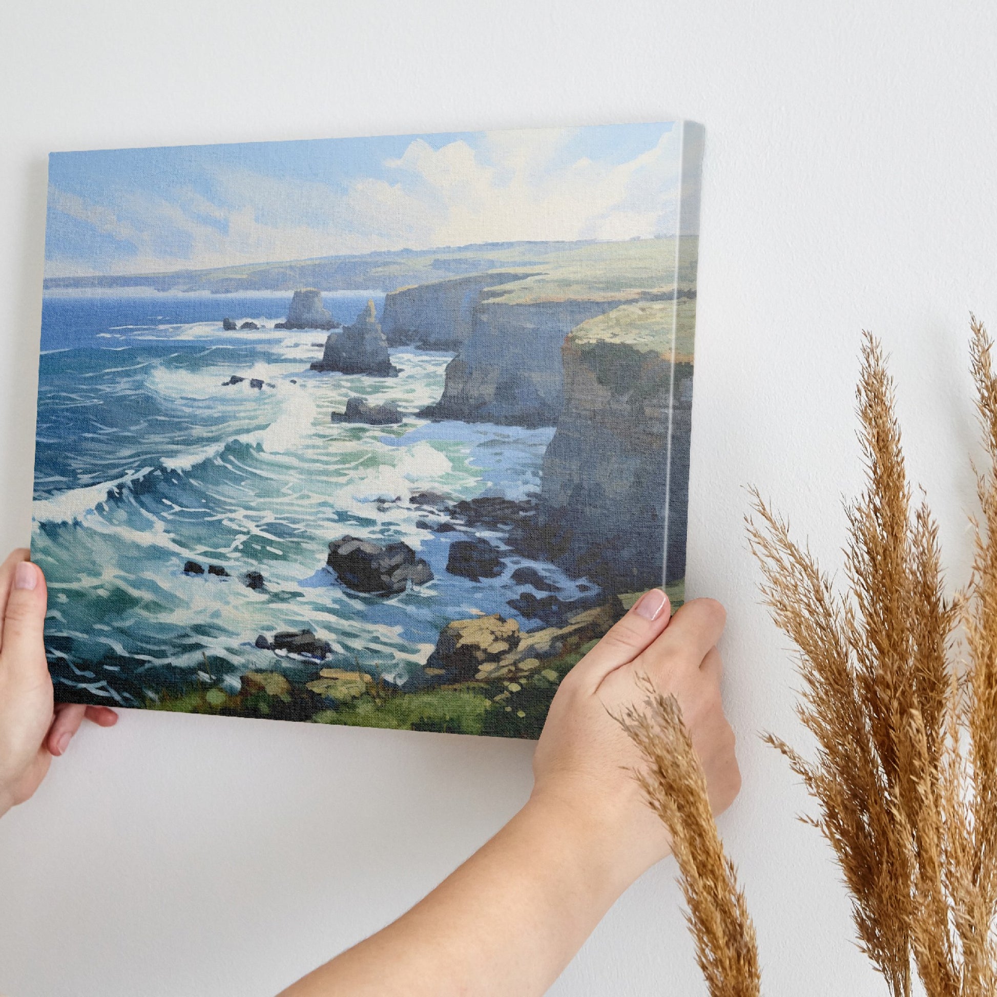 Framed canvas print of a coastal cliffside seascape with ocean waves and sunny skies