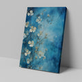 Framed canvas print of abstract blue flowers on a watercolour background