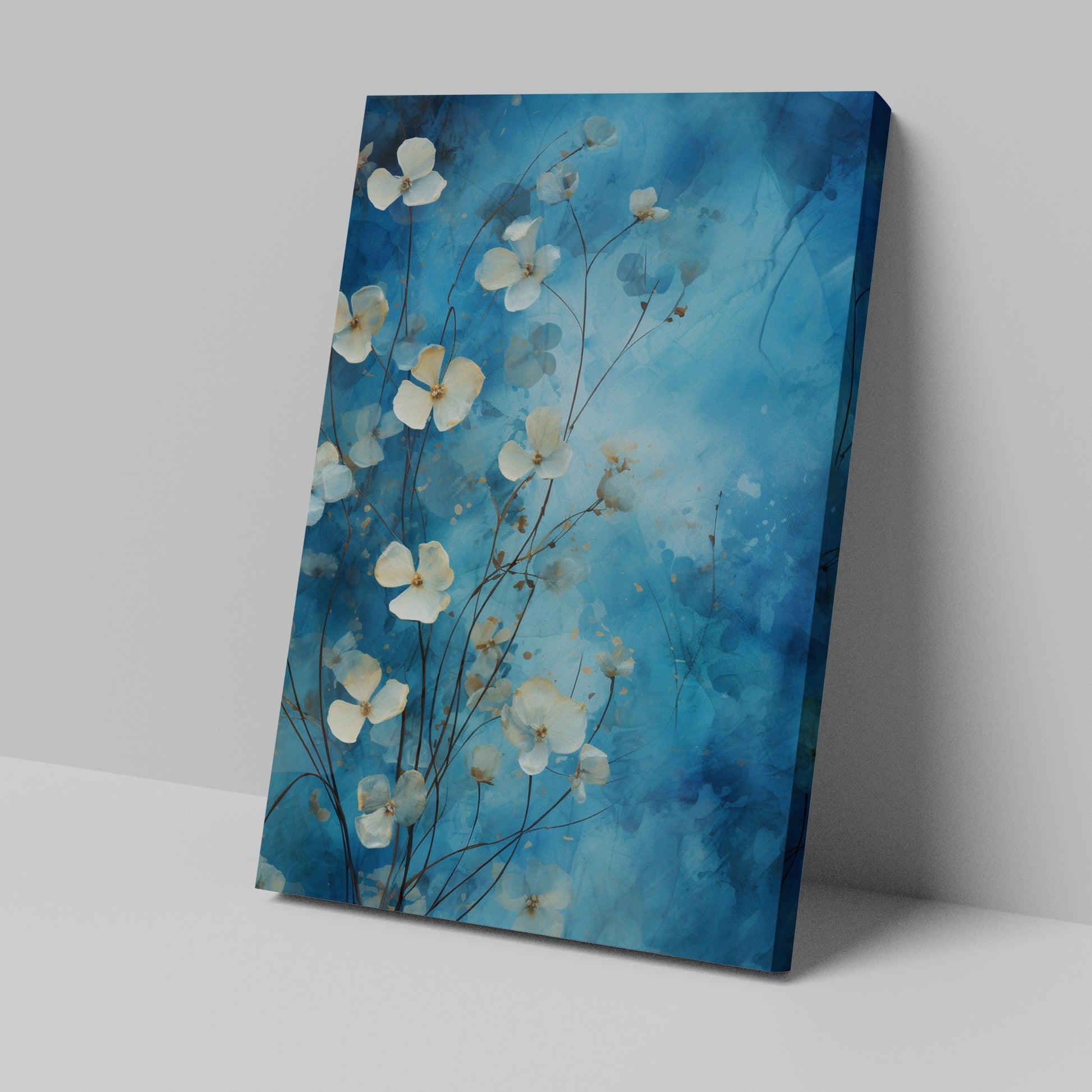 Framed canvas print of abstract blue flowers on a watercolour background