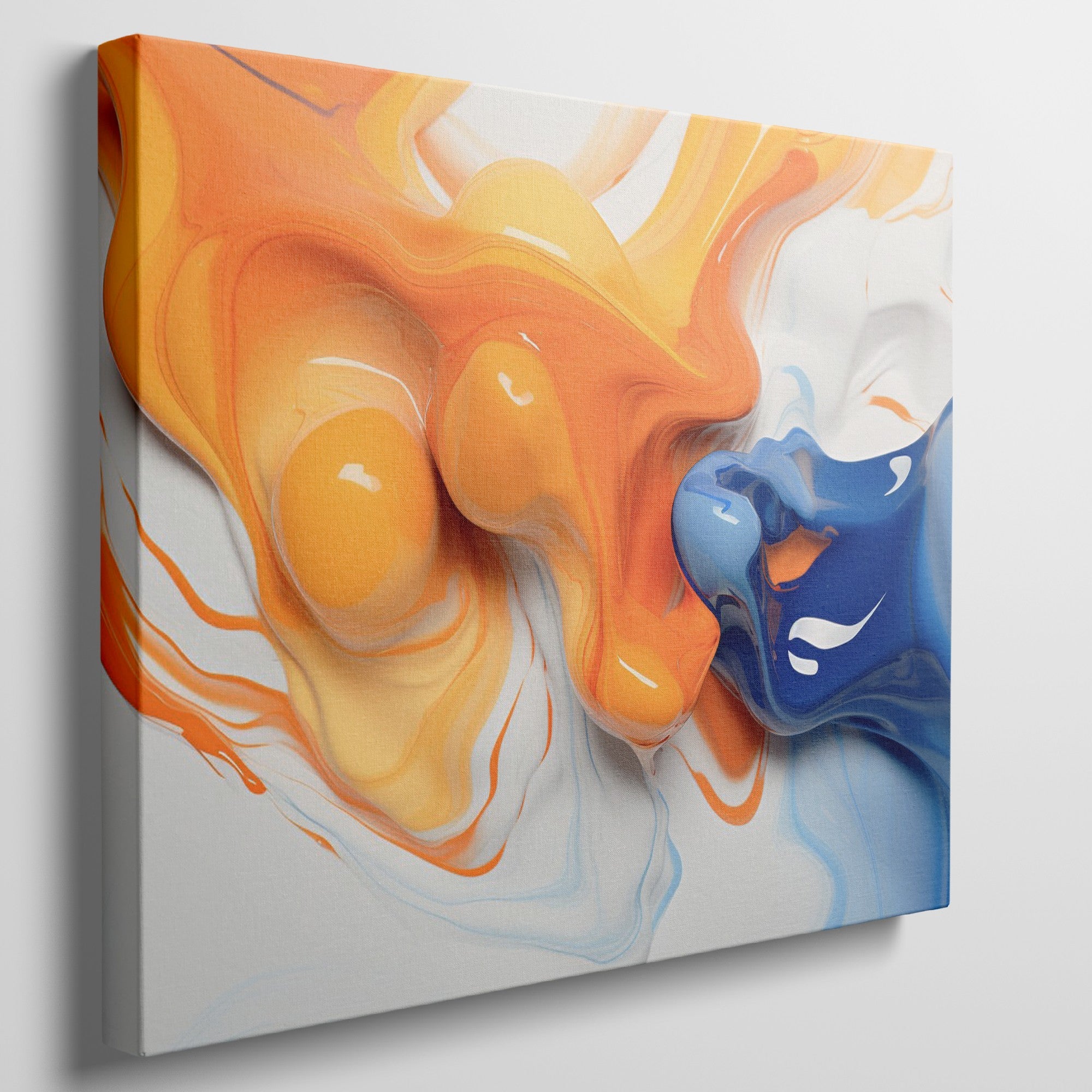 Framed canvas print of vibrant orange and blue abstract fluid art