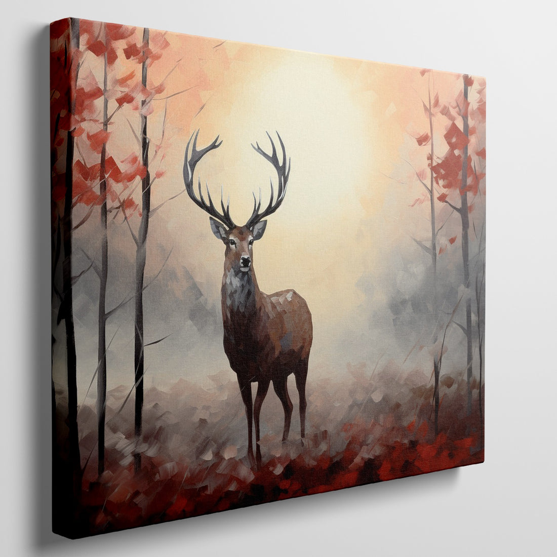 Framed canvas print of a majestic stag in an autumnal forest with warm tones