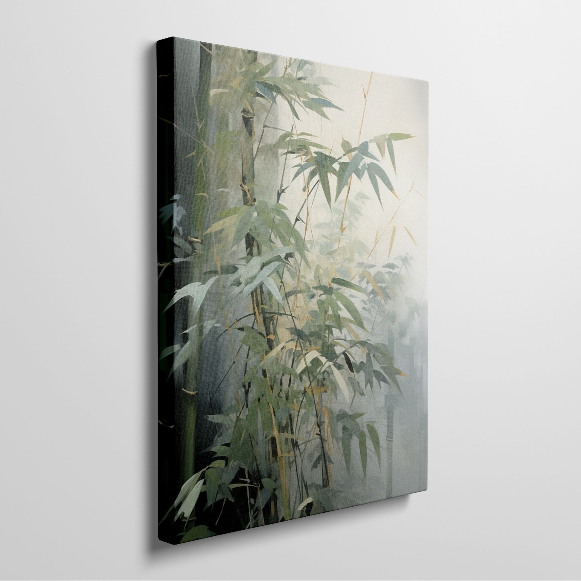 Modern realist painting of a tranquil bamboo grove with varying tones of green and subtle hints of yellow.