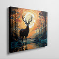 Abstract canvas art of a deer in a sunset forest scene with vibrant orange and blue colors.