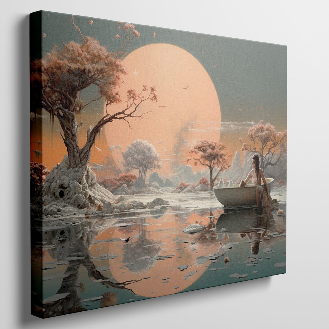 Framed canvas print of a surreal landscape with an ethereal sunset, lady in a boat, and reflective water