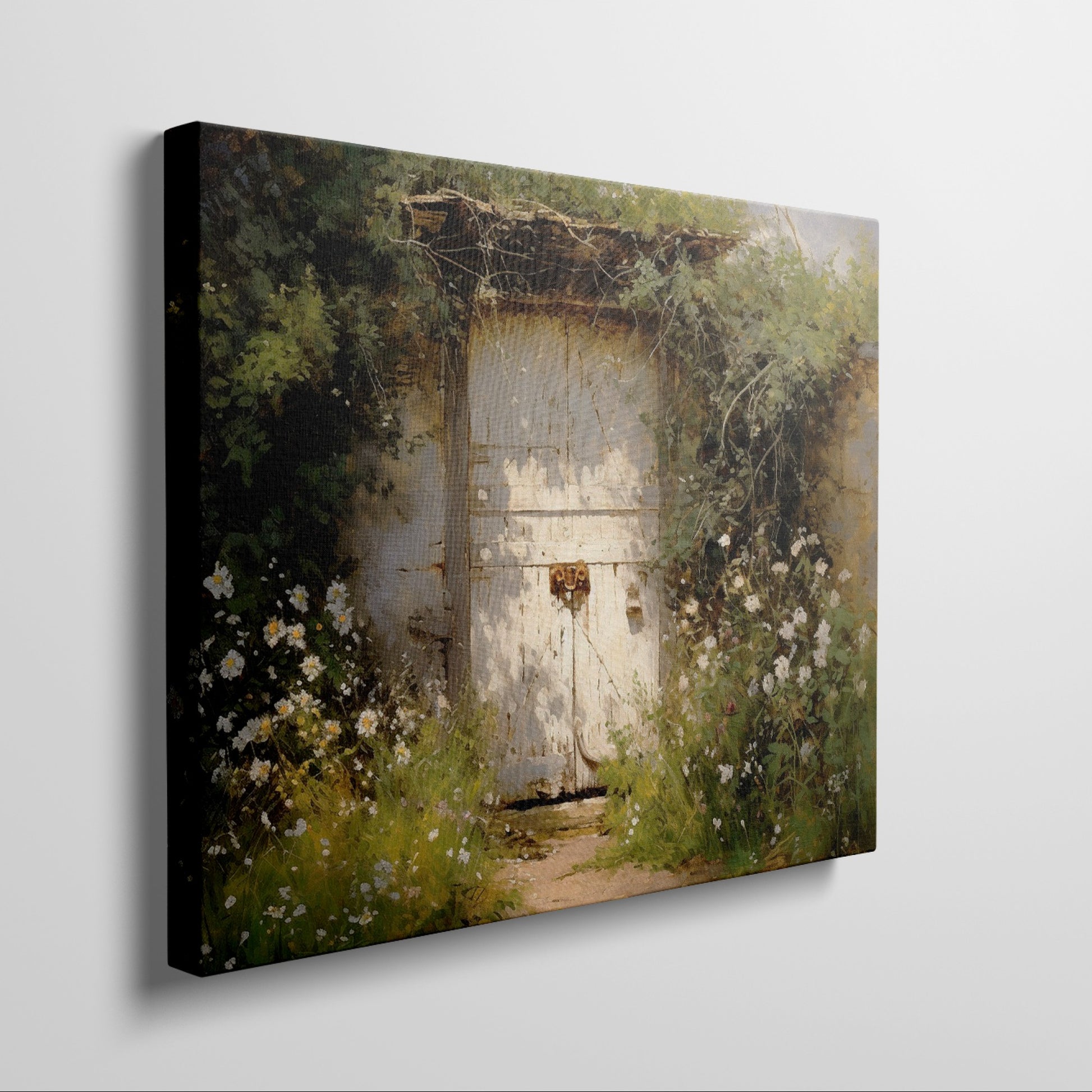 Framed canvas print of a rustic wooden door surrounded by an overgrown floral garden