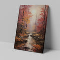 Framed canvas print of an autumn forest with a waterfall and misty atmosphere