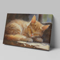 Framed canvas print of a realistic sleeping tabby cat in warm, sunlit tones