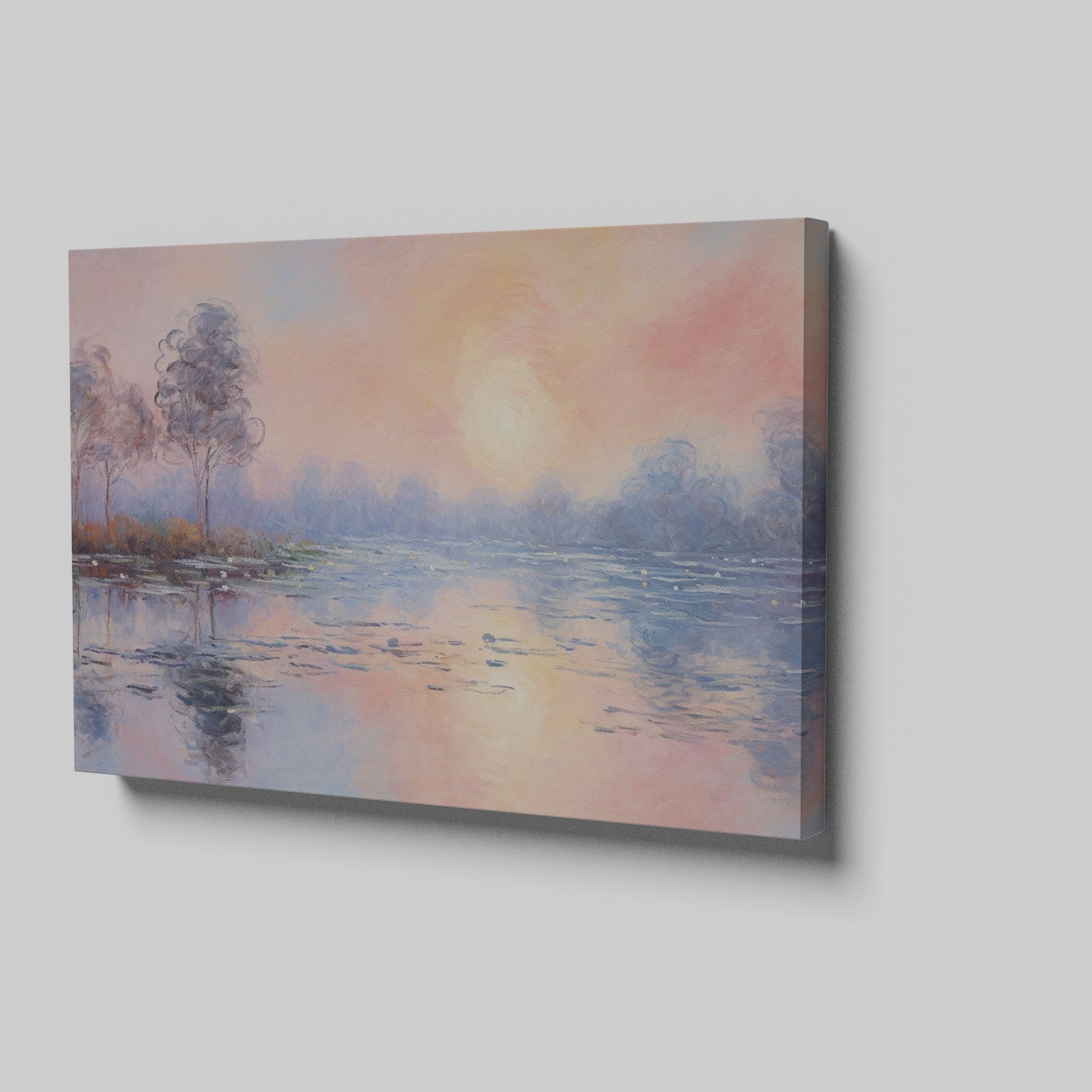 Framed canvas print of an impressionist painting depicting a serene lakeside sunrise with pastel pink and blue hues