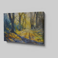 Framed canvas print of a sunlit path through a misty forest in watercolour with vibrant yellow and cool blue tones