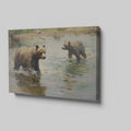 Framed canvas print of grizzly bears wading through water in an impressionist style