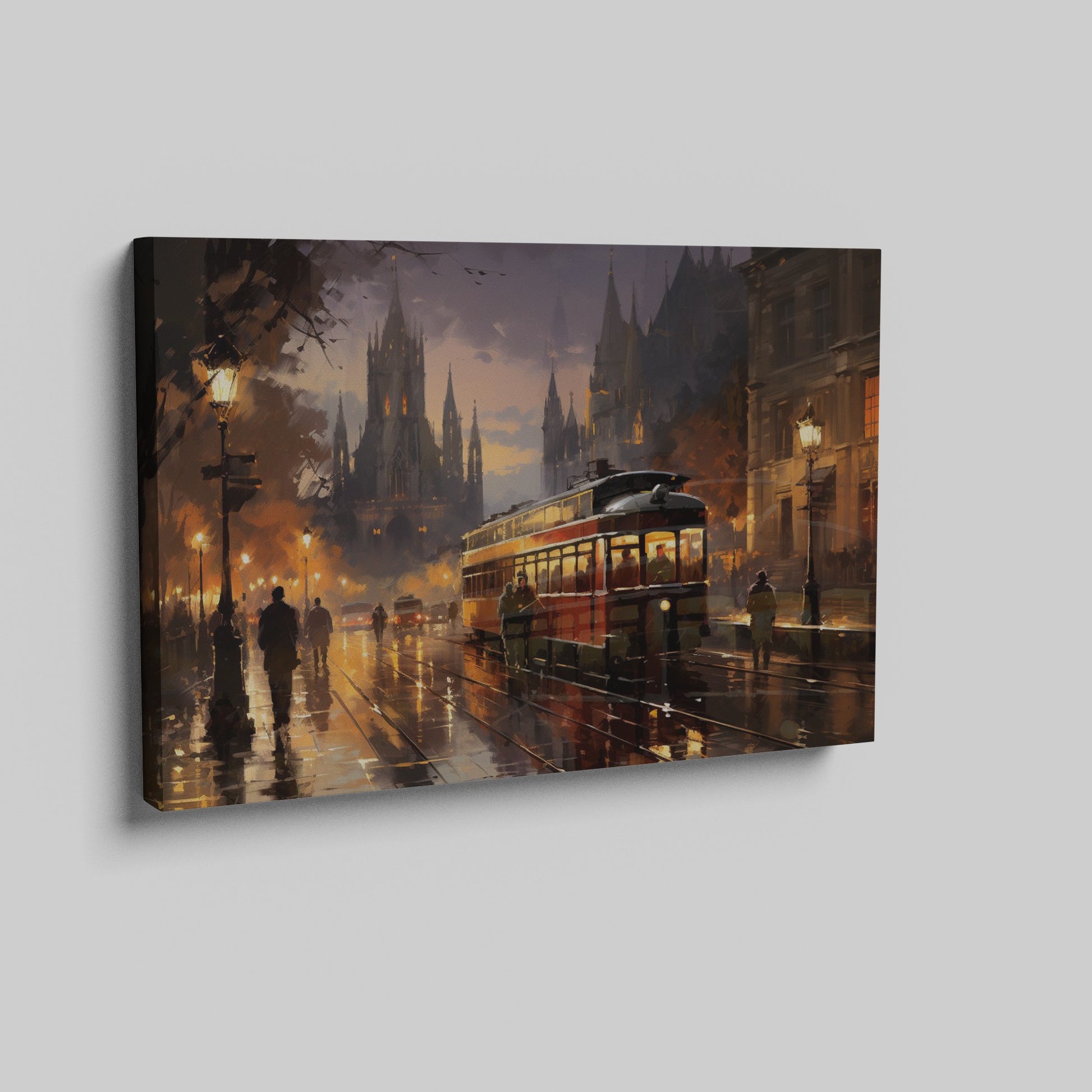 Framed canvas print of a vintage tram travelling through a city with majestic cathedral and warm evening lights reflected on wet streets