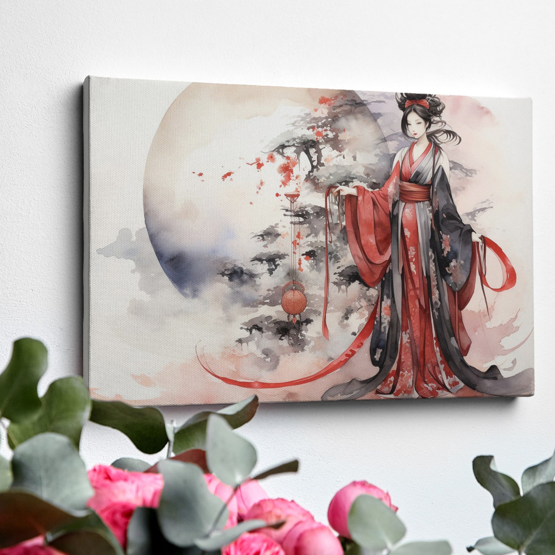 Framed canvas print of an Elegant Geisha in traditional Japanese attire with a sakura blossom and moon backdrop