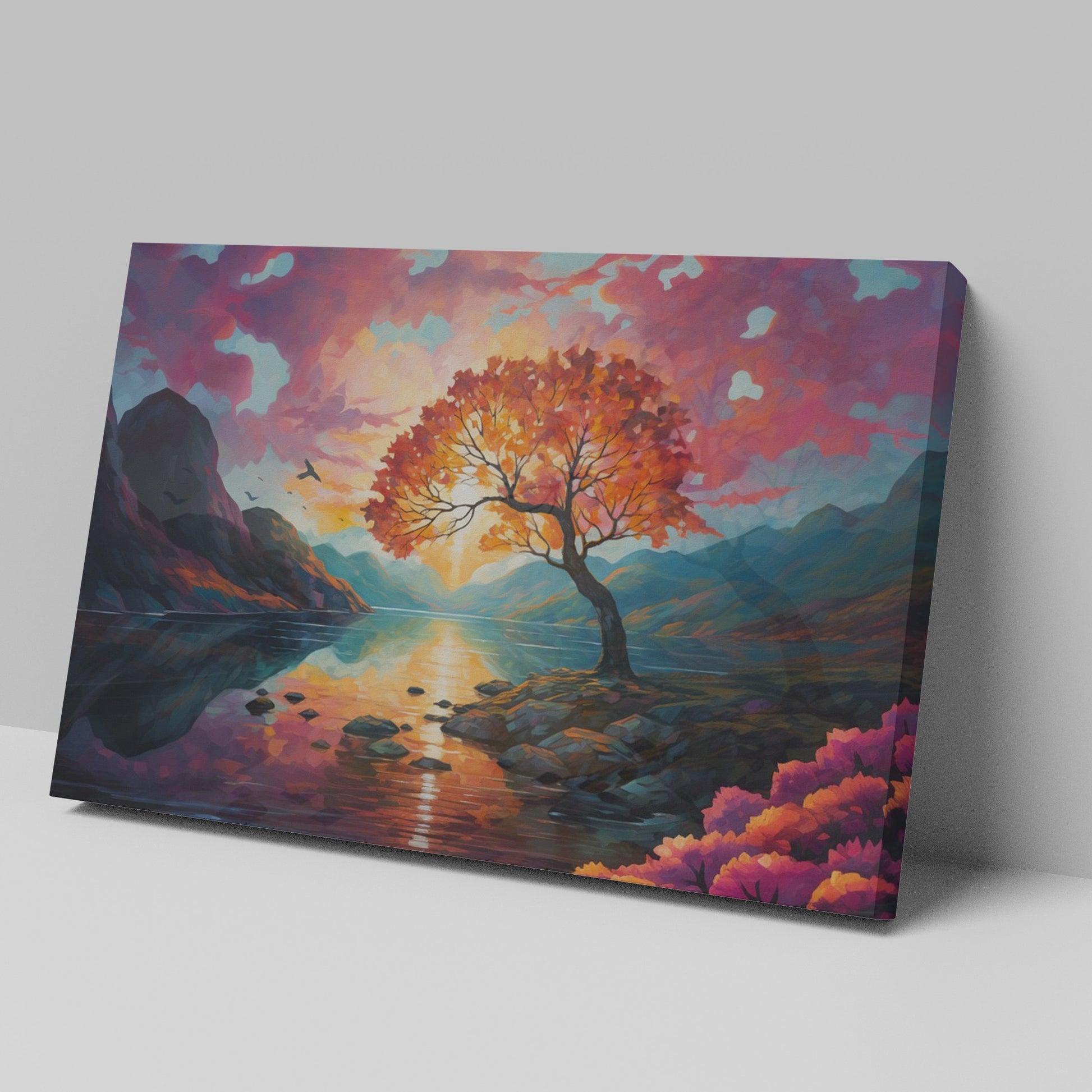 Framed canvas print of a vibrant autumnal landscape with sunset, serene lake, and colourful tree