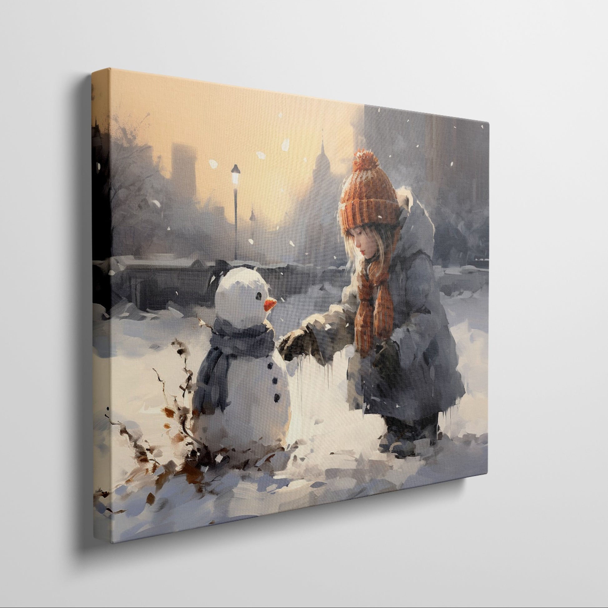 Framed canvas print of a child building a snowman in a snowy urban park during golden hour