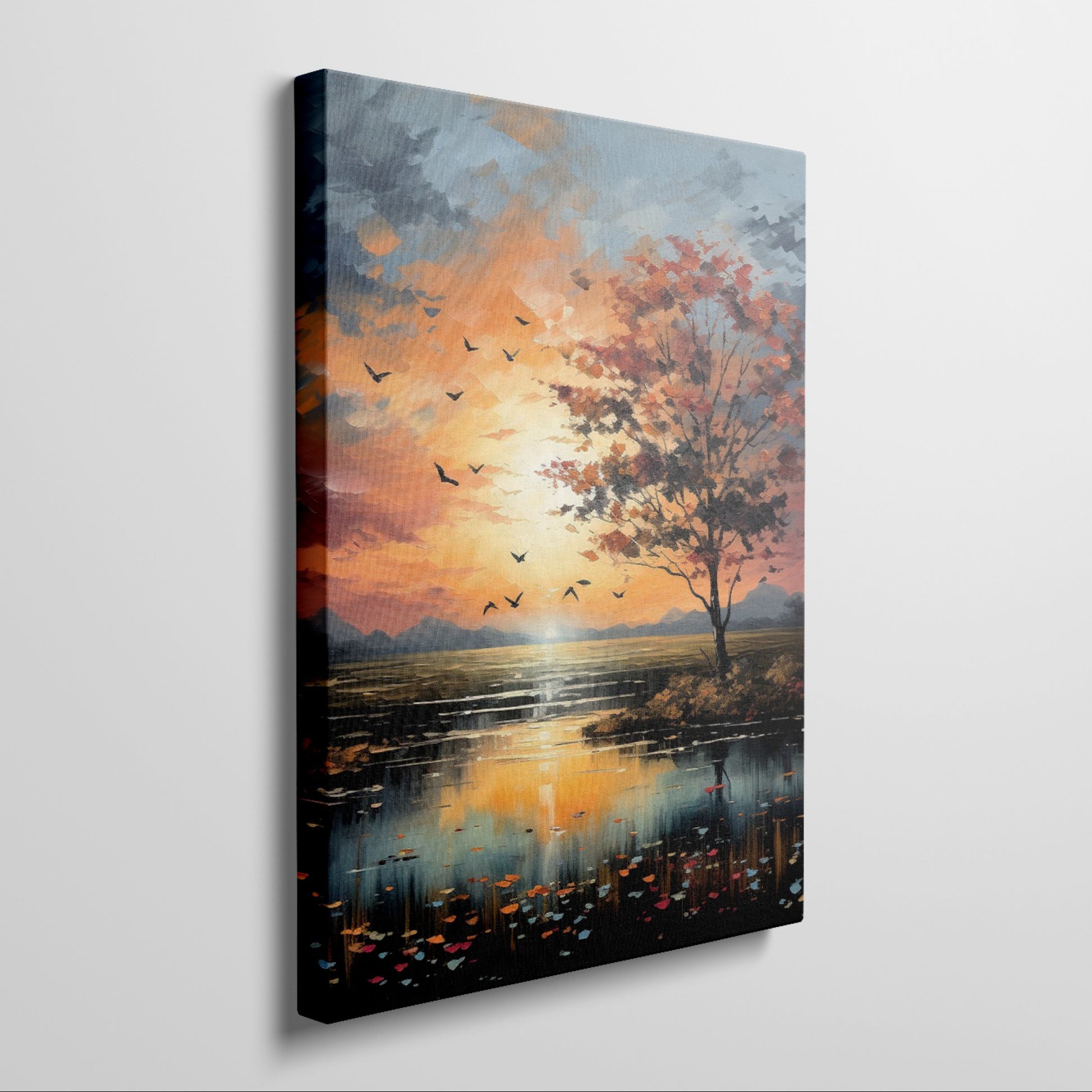 Framed canvas print of a picturesque autumnal sunset with vibrant orange sky and tree reflections on the water