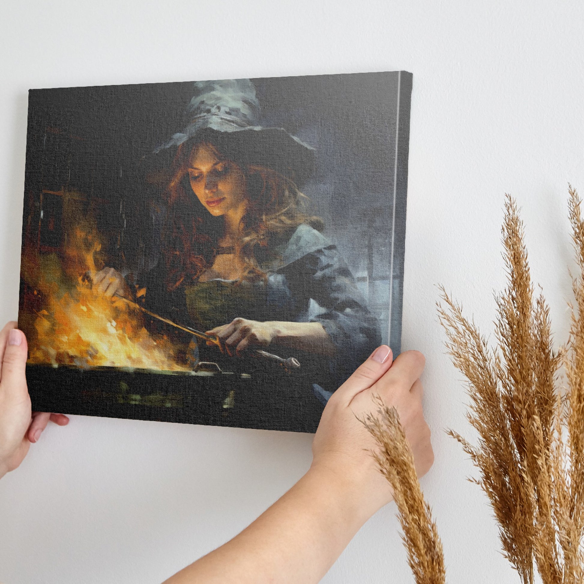 Framed canvas print of a mystical witch stirring a magical fiery brew in a gothic setting