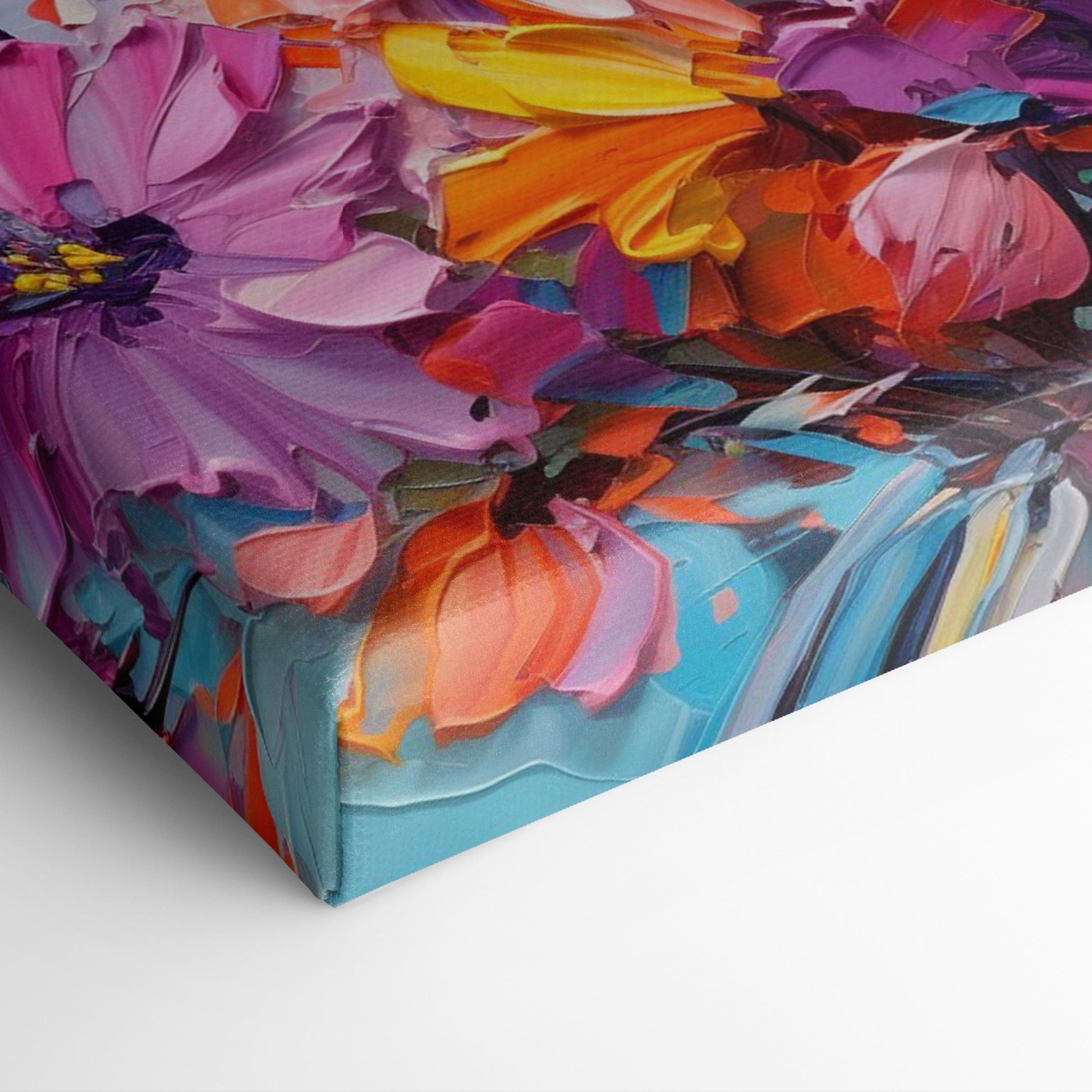 Framed canvas print of vibrant botanical impasto, with textured flowers in bright colours