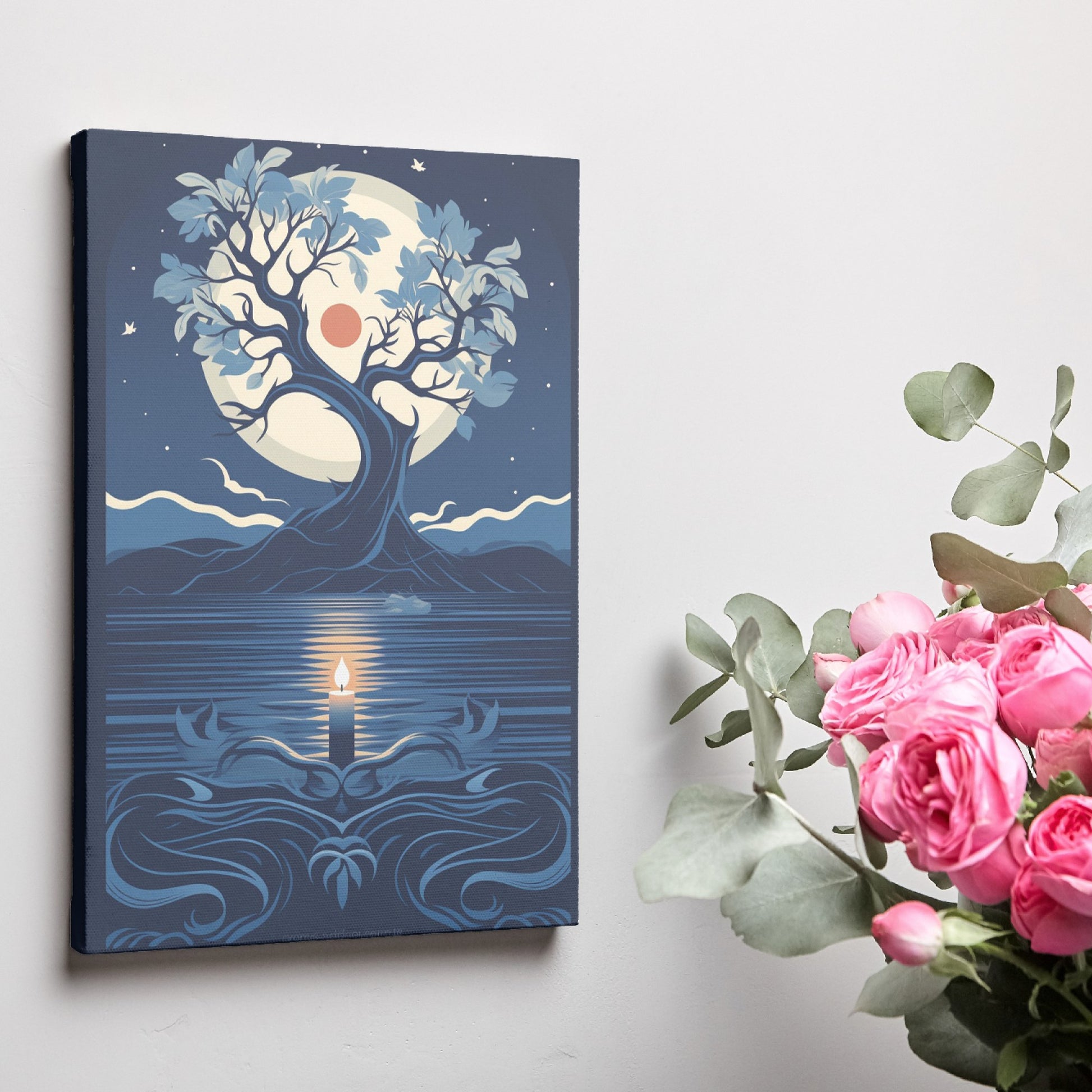 Framed canvas print of a stylised tree with moon and candle in blue shades