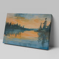 Framed canvas print of a tranquil watercolour landscape with serene reflection and warm sunset tones