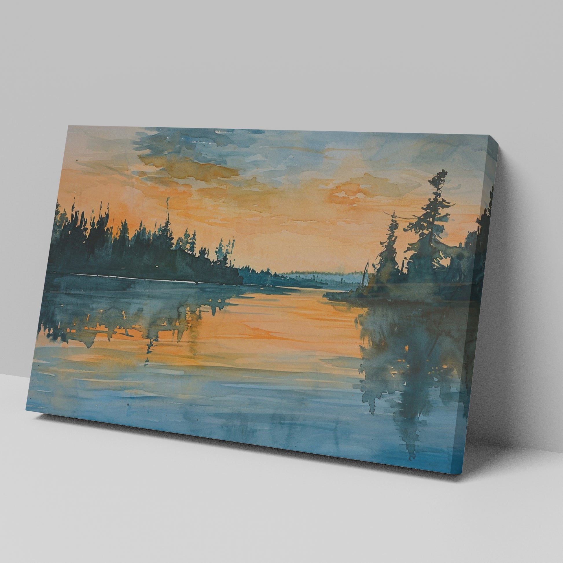 Framed canvas print of a tranquil watercolour landscape with serene reflection and warm sunset tones