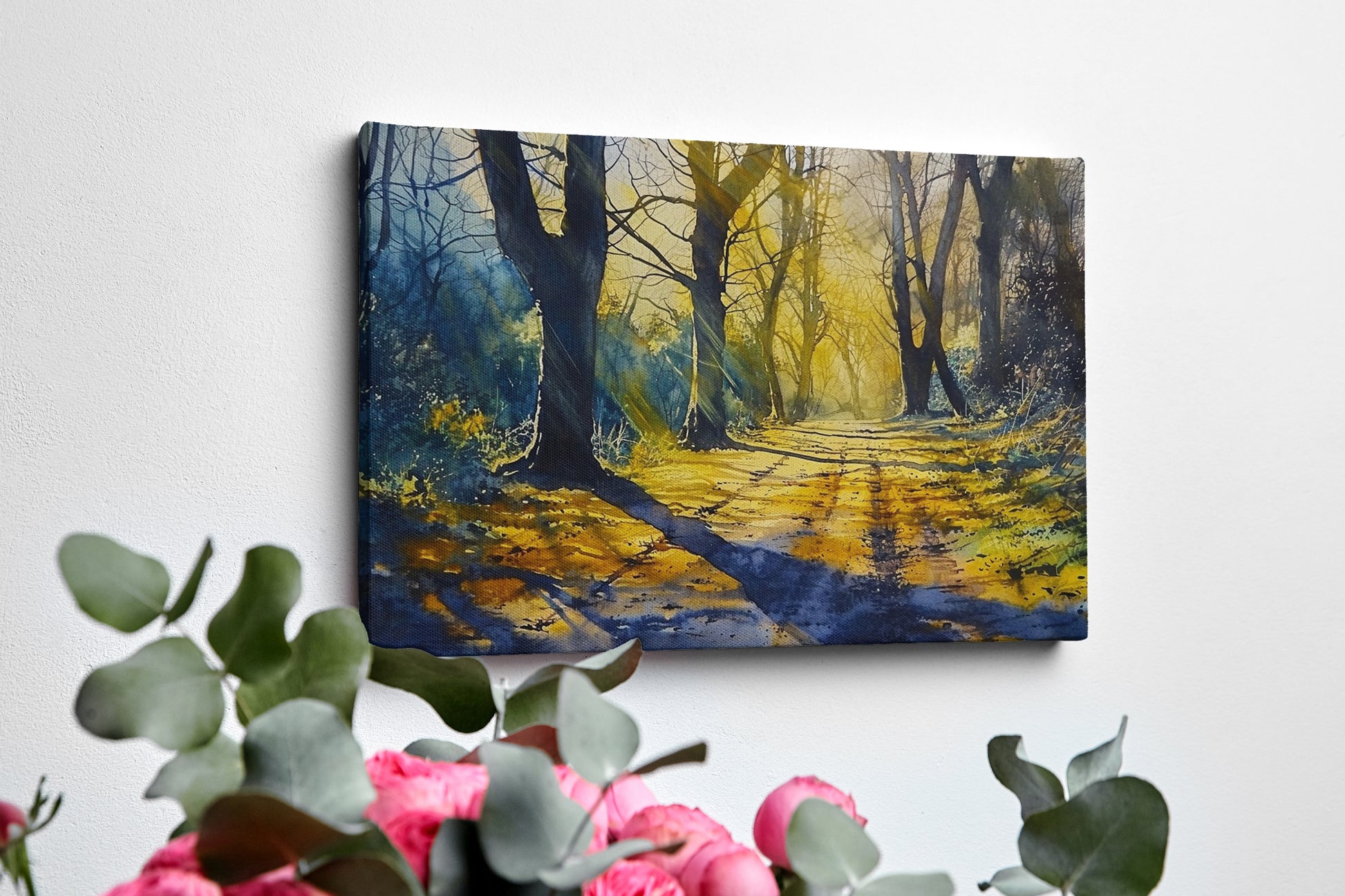 Framed canvas print of a sunlit path through a misty forest in watercolour with vibrant yellow and cool blue tones