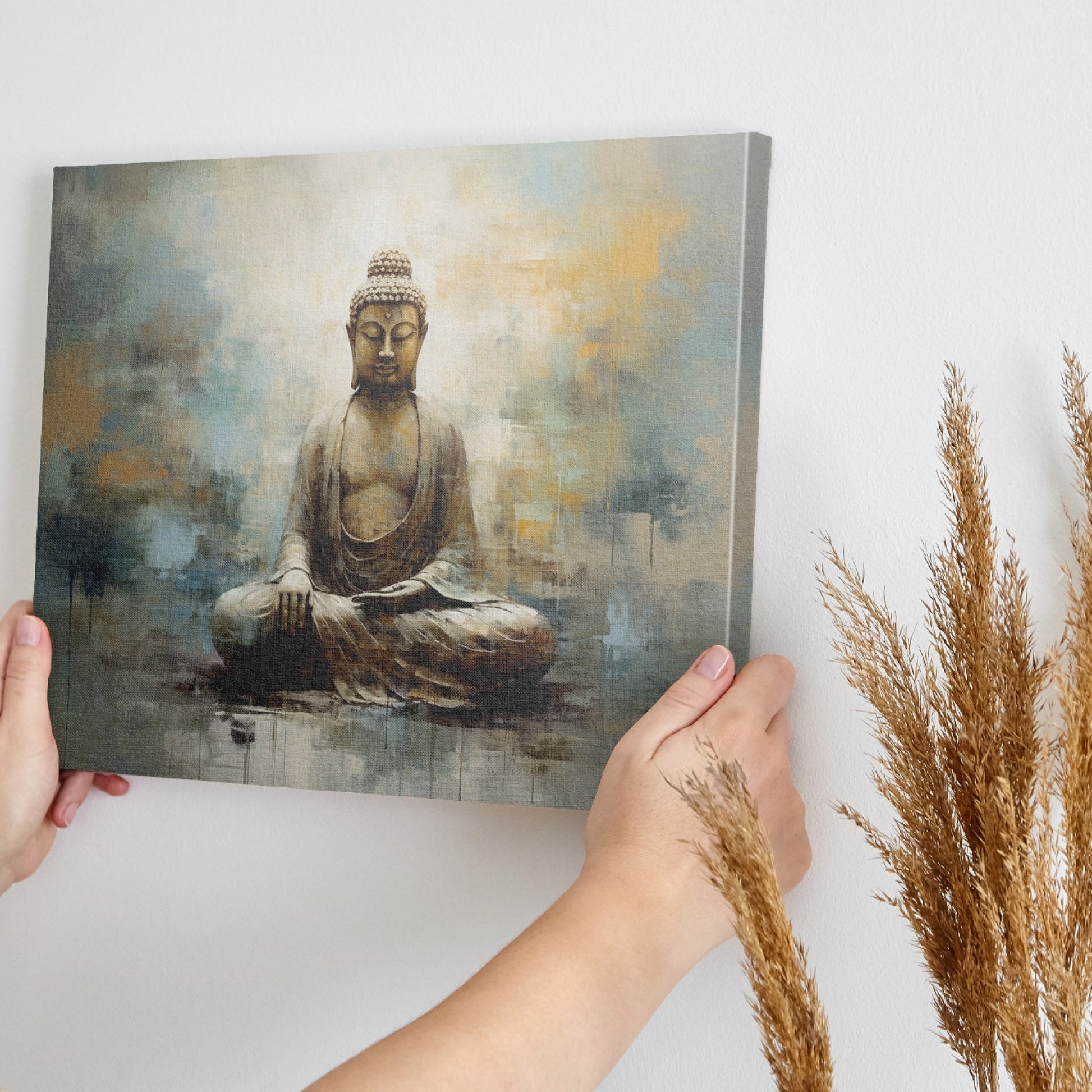 Framed canvas print of a serene Buddha in abstract style with earthy, golden hues