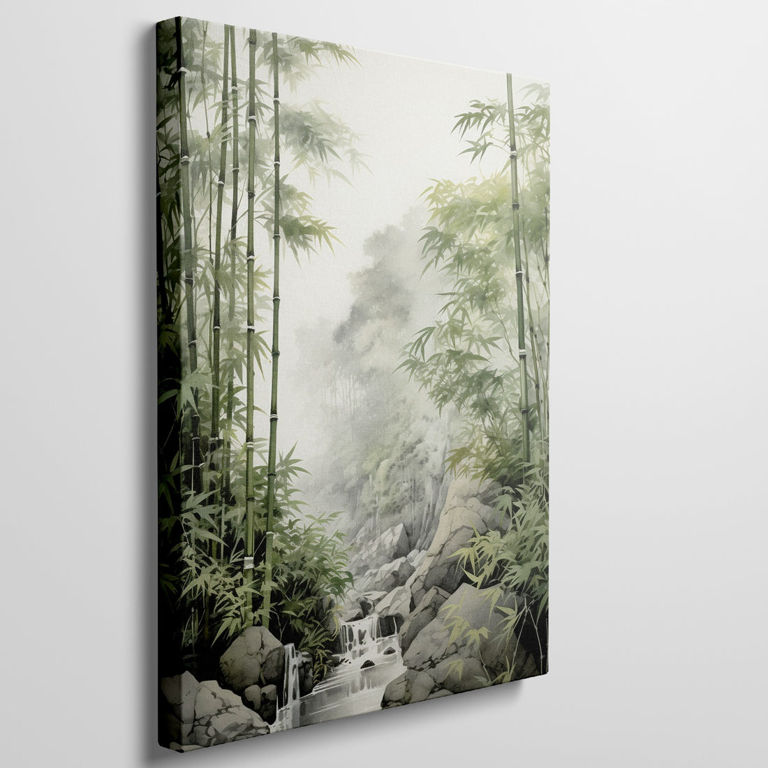 Framed canvas print of a tranquil bamboo forest with a gentle waterfall in misty surroundings