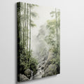 Framed canvas print of a tranquil bamboo forest with a gentle waterfall in misty surroundings