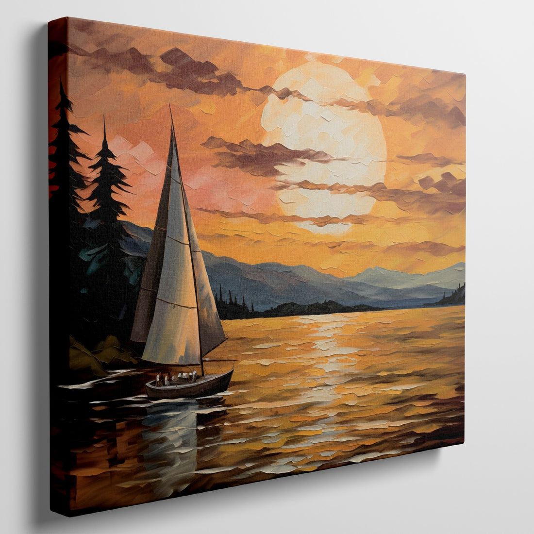 Abstract sailboat at sunset with orange and yellow sky over blue water, bordered by dark trees.