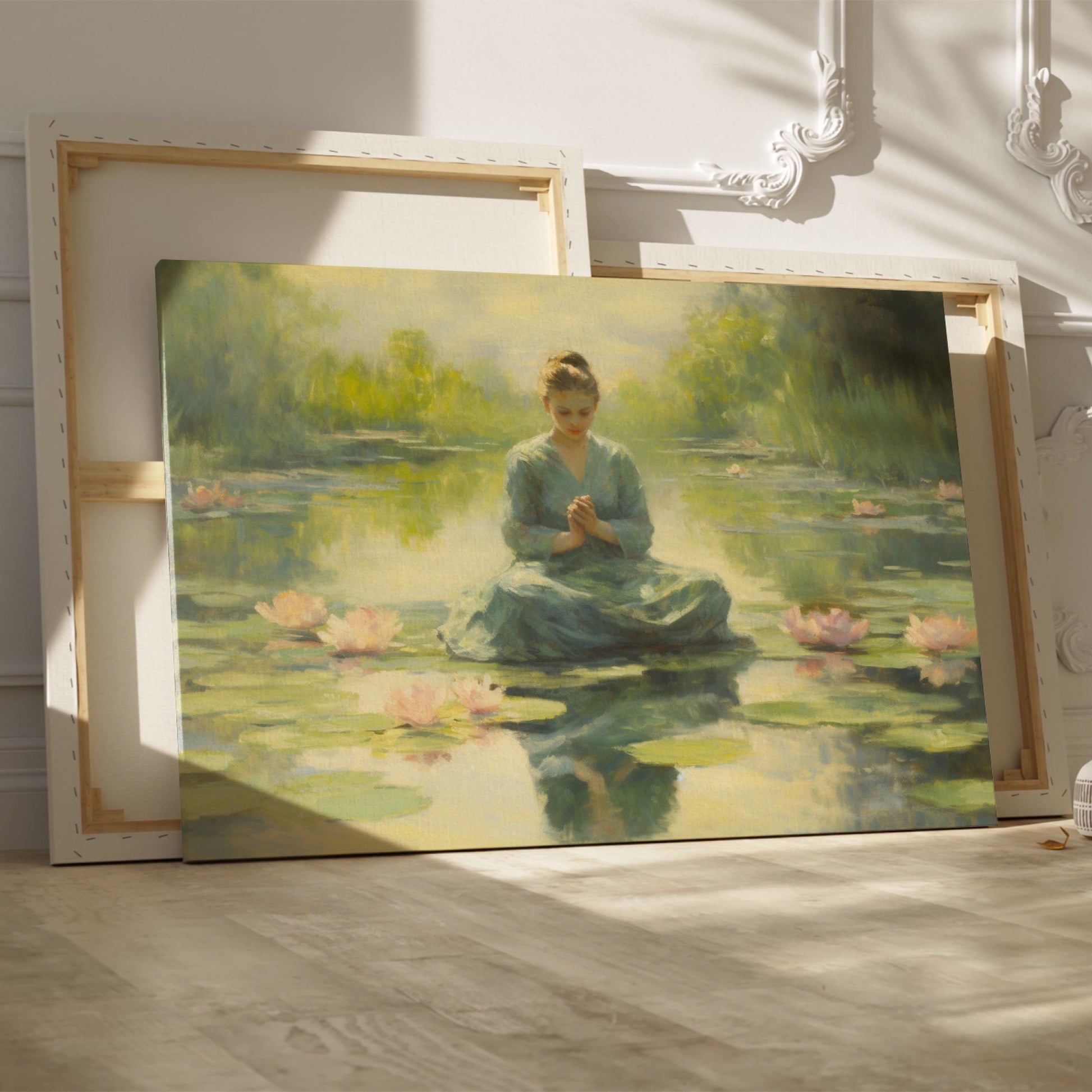 Framed canvas print of a meditative woman in a tranquil lotus pond with soft light and pastel colours