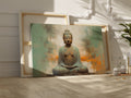 Framed canvas print of serene Buddha in meditation with abstract earthy background