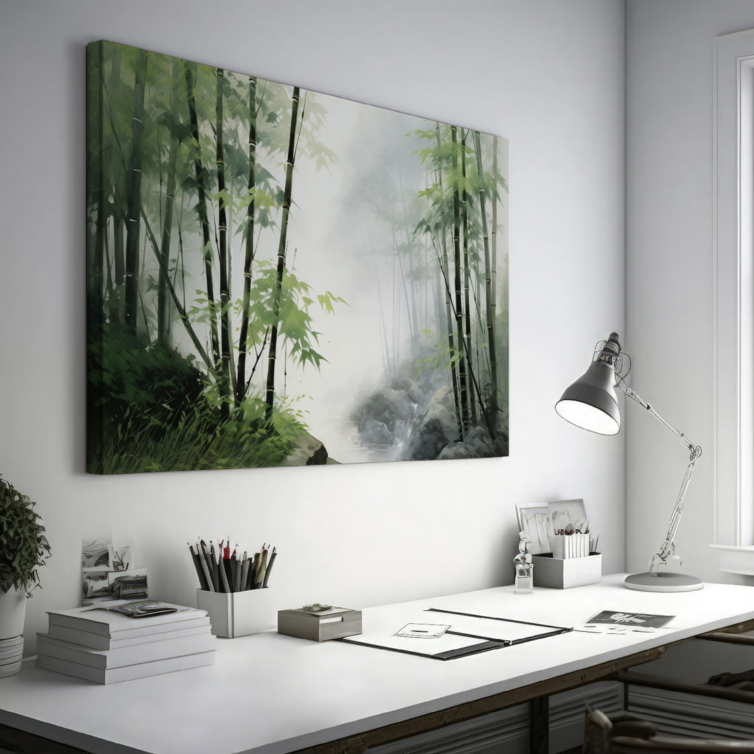 Framed canvas print of a misty bamboo forest in watercolour style with green and grey hues