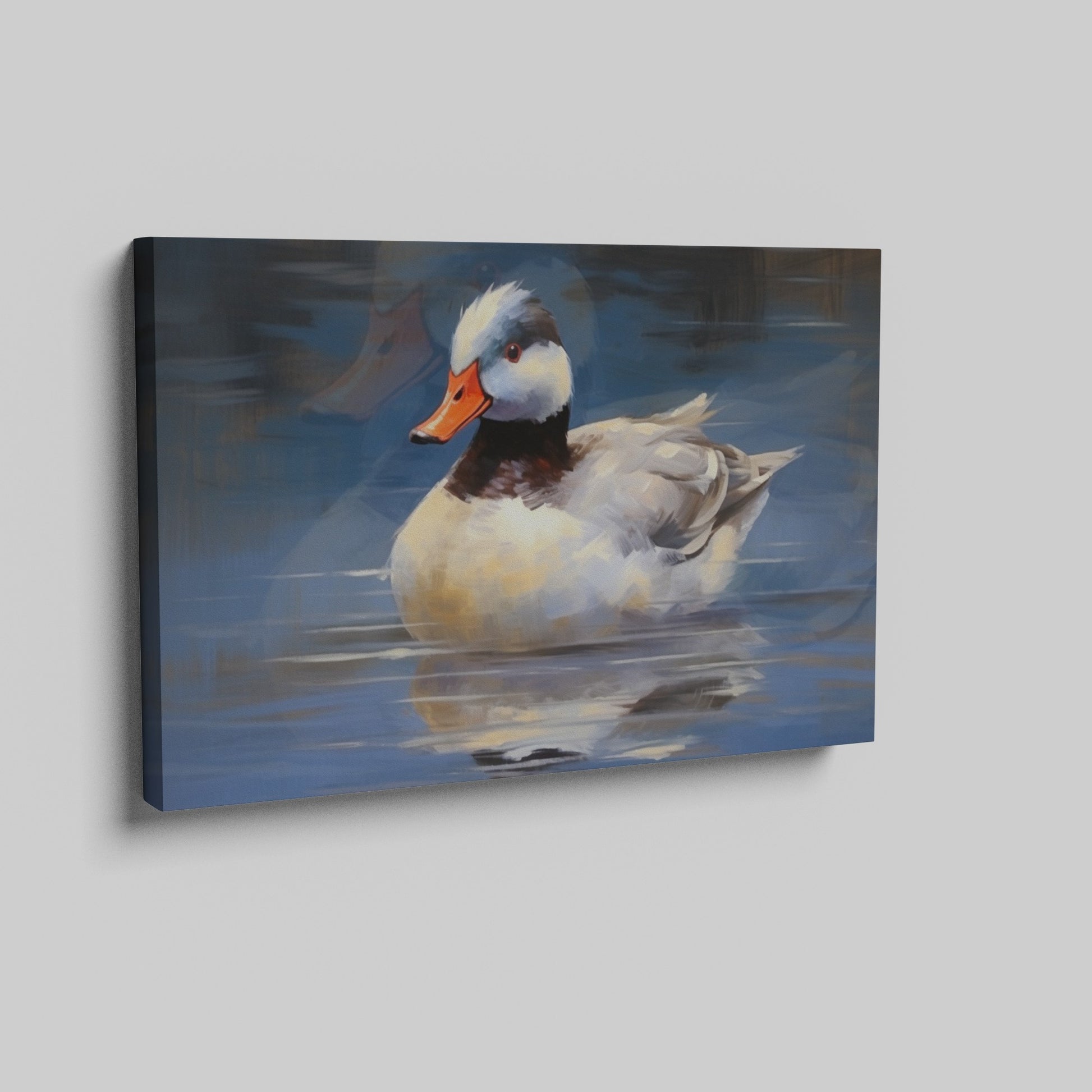 Framed canvas print of an impressionistic painting of a duck on water with blue tones