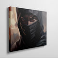 Framed canvas print of a mystic ninja warrior with an intense gaze and a shrouded dark veil.