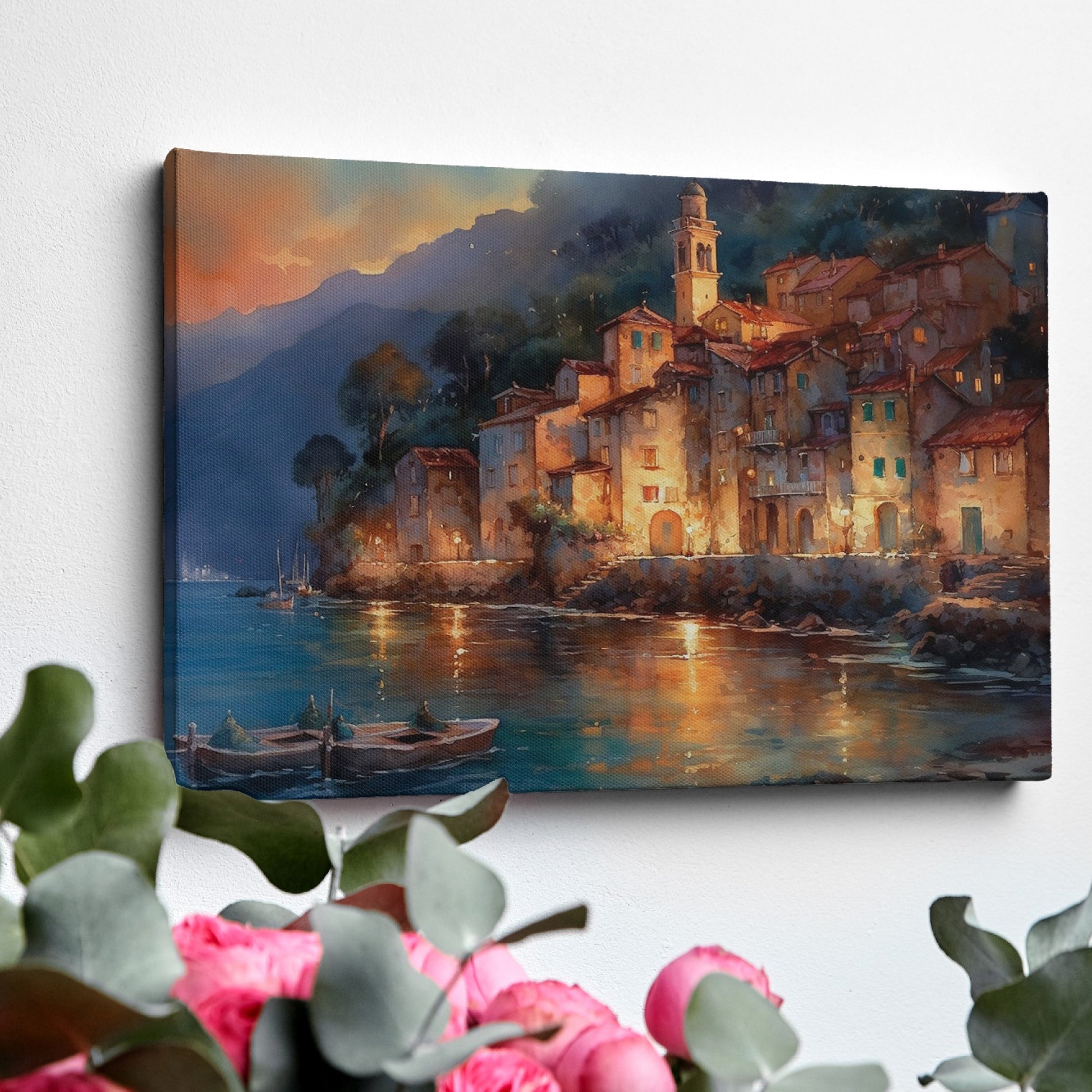 Framed canvas print of a watercolour Mediterranean village at twilight with reflections on the sea